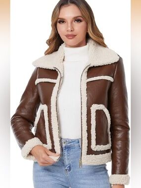 NWT Faux Shearing Fur Coat Thick Fur Lined Faux Leather Jacket